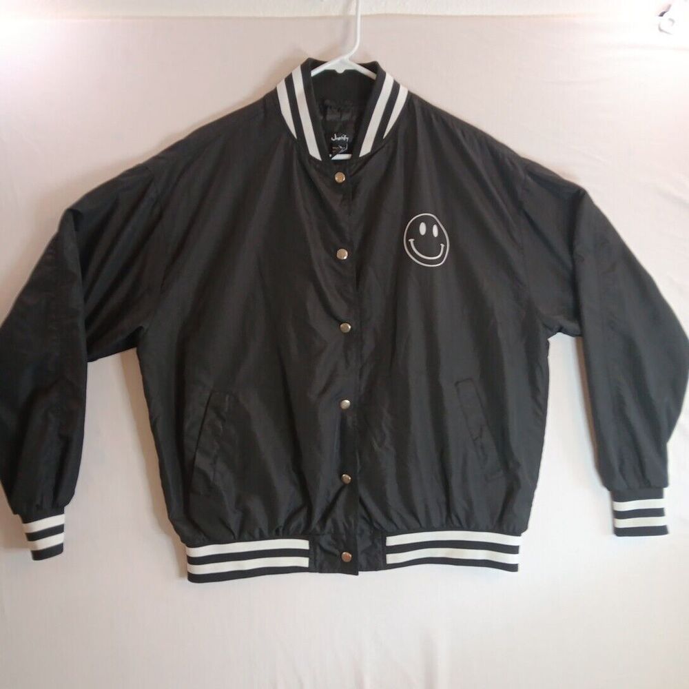😃 Justify Women S Bomber Lightweight Jacket Satin SMILEY FACE Full Button 😃
